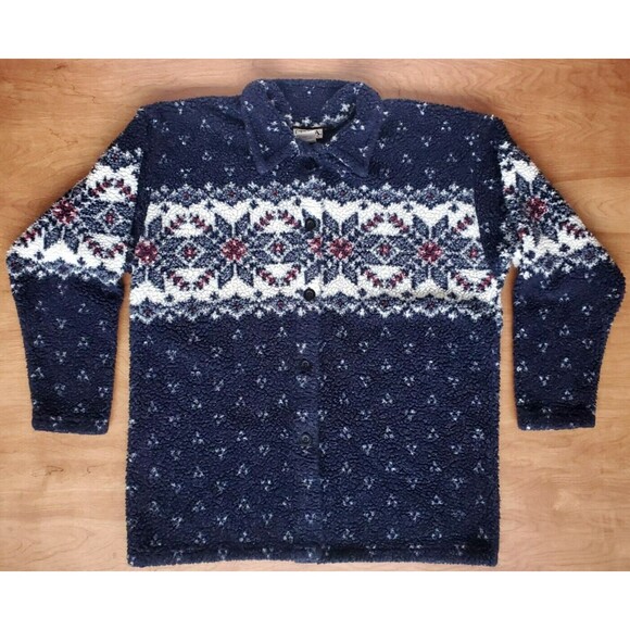Vintage Cenza by Palmettos Fair Isle Fleece Shirt L Blue Button Sherpa Jacket - Picture 10 of 16